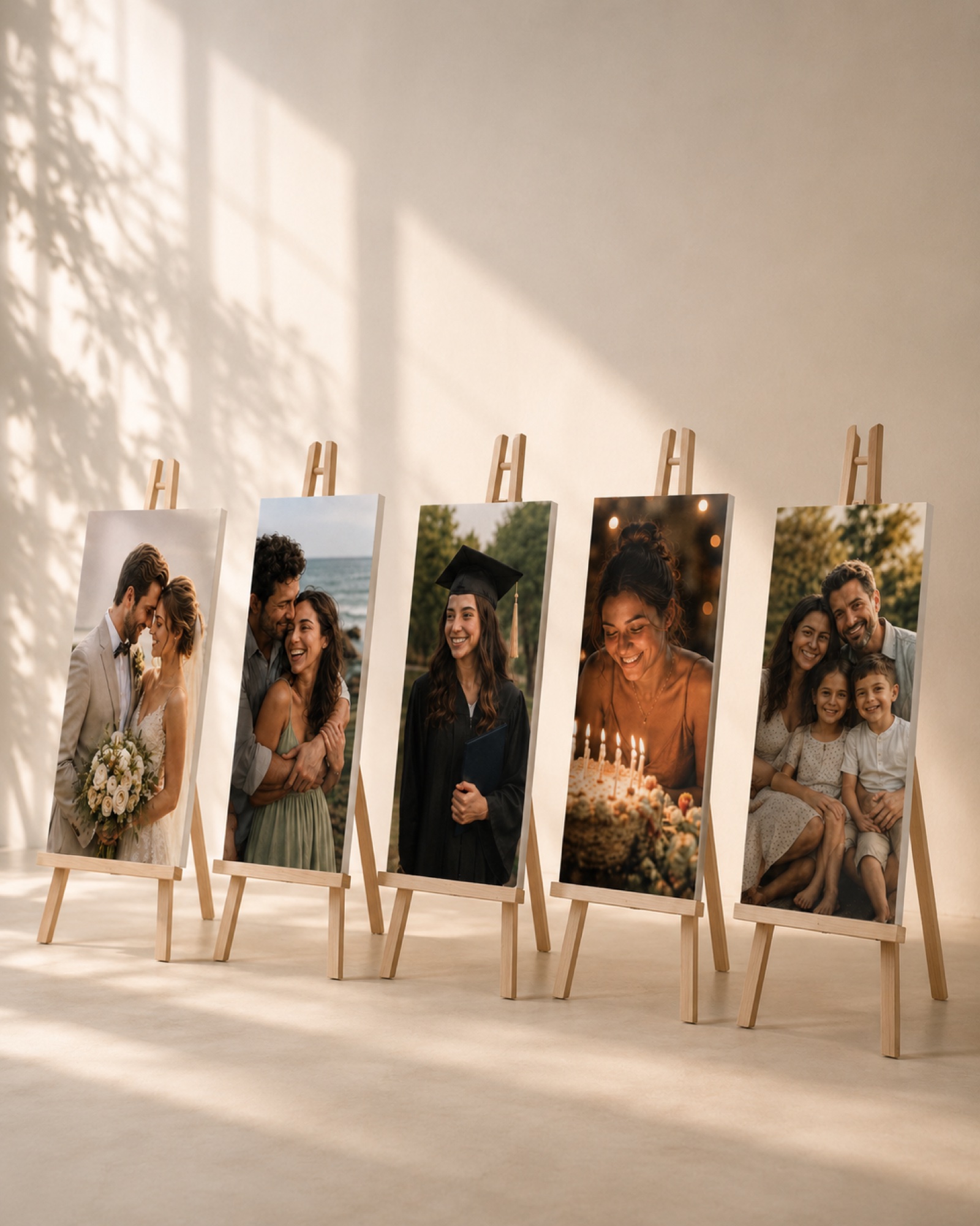 Five photo boards on easels in the studio