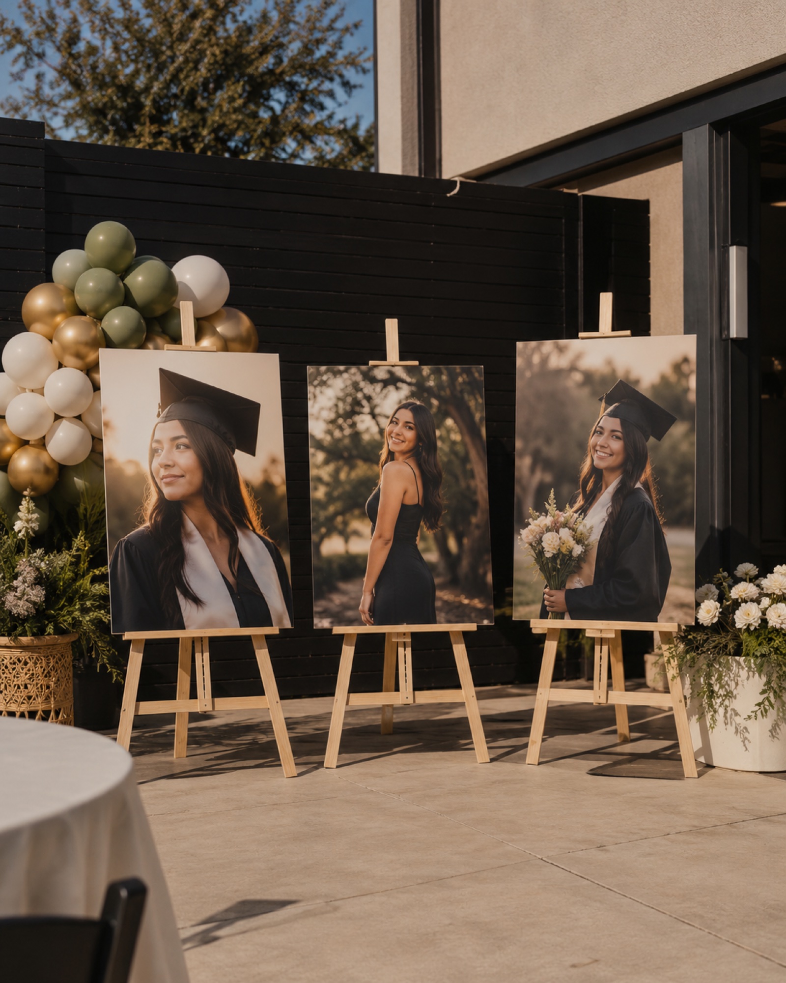 Three photo boards on easels at an outdoor graduation party