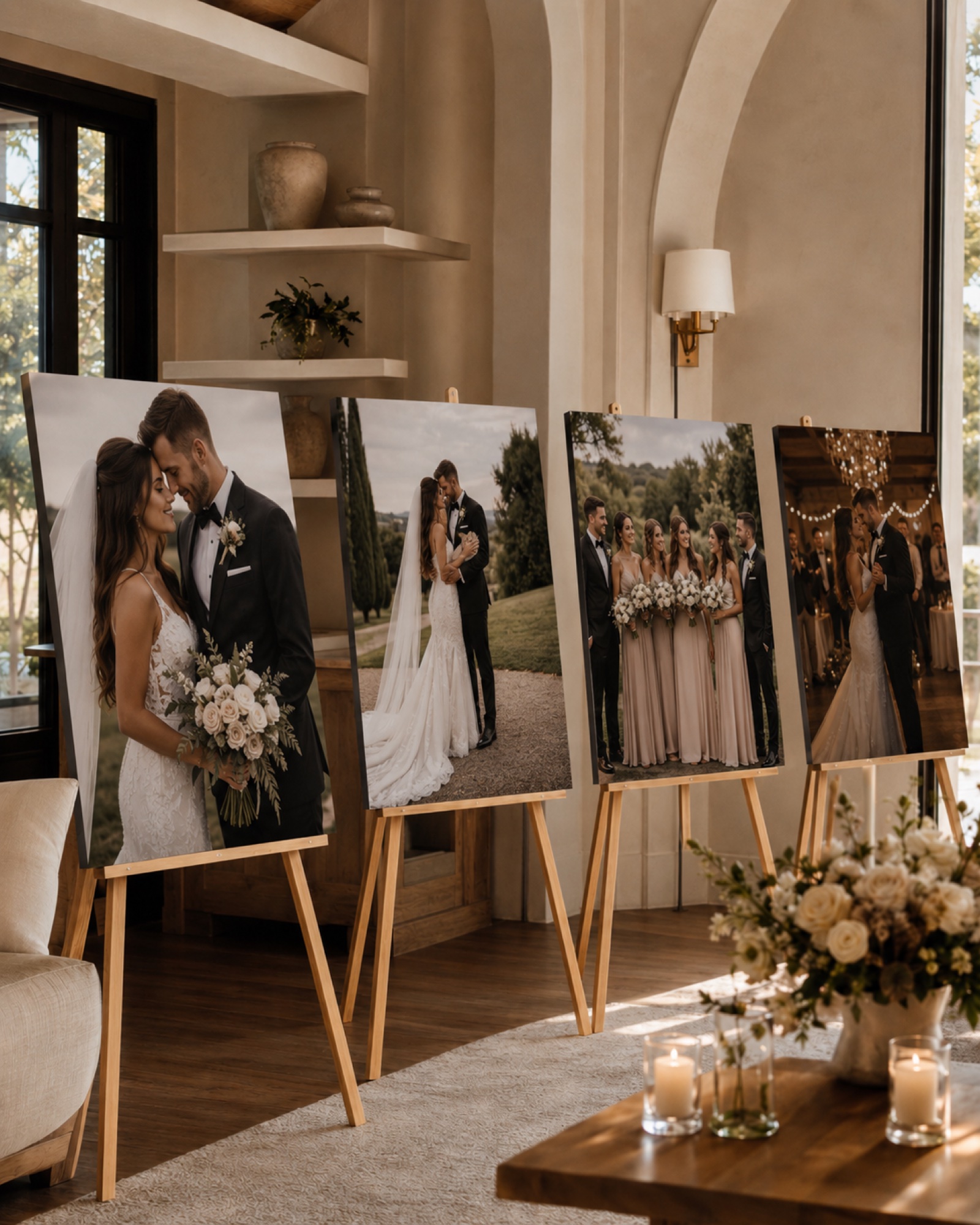 Four 40 by 60 inch photo boards on easels at a wedding venue in Westchester